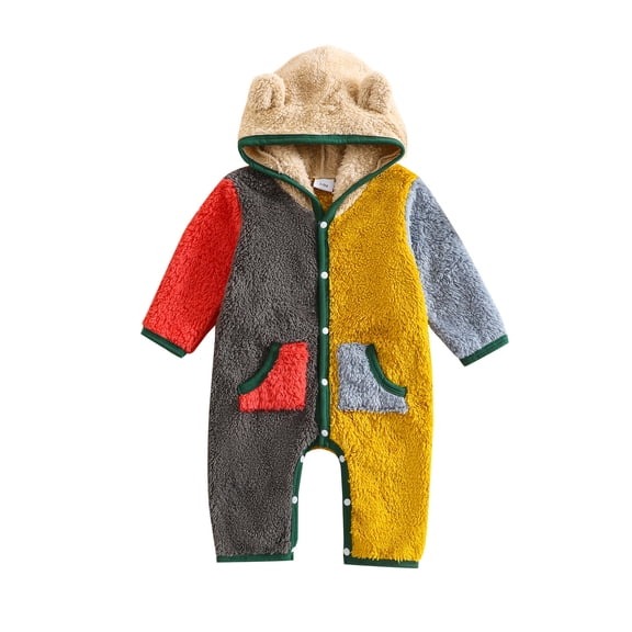 Favoffer Baby Boys Girls Fleece Jumpsuit Color-Blocked Hooded Long-Sleeve Pajama Fall Winter Clothes Romper for Night Sleep, Play, Post-Bath Lounging, Photos 0-18M