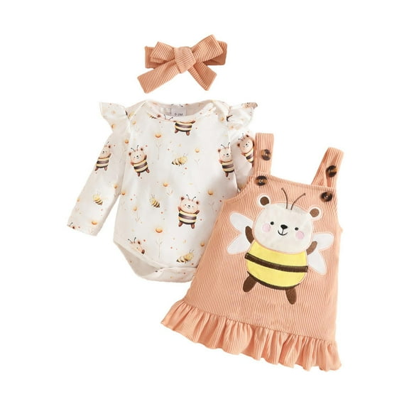 Favoffer Baby Girl's Winter Clothes 3-Piece Set Sweet Bow Embroidery Polka Dot Ruffle Long Sleeve Romper, Suspender Pants, Headband for Infant Daily Photos Outings Holiday 0-18M