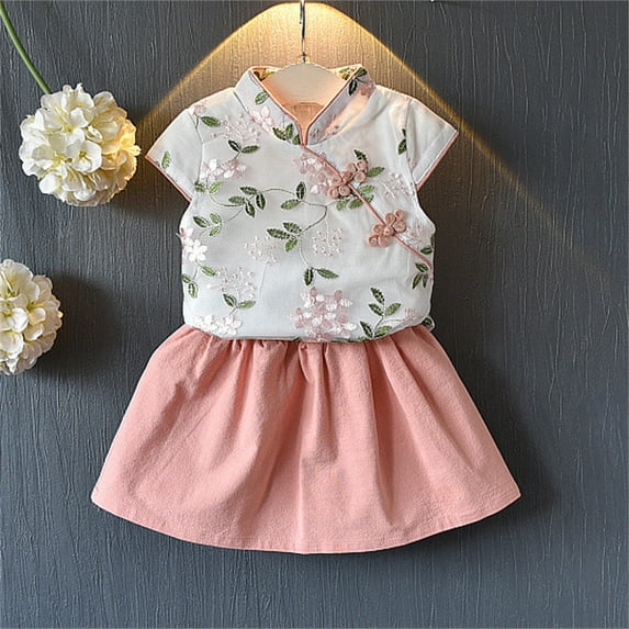 Favoffer Baby Girls Clothes Set 1pc Short Sleeve High Neck Floral Print Hem Pullover and Red Solid Color Skirt Set