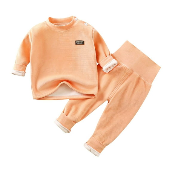 Favoffer Baby Kids' Solid Long Sleeve Loungewear Set Crewneck Top High-Waist Pants Cotton Double Fleece Waist-Protected Suits for Home Sleep Casual Daily Infant 4M-4Y