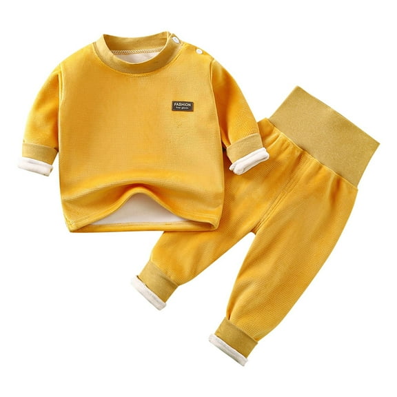 Favoffer Baby Kids' Solid Long Sleeve Loungewear Set Crewneck Top High-Waist Pants Cotton Double Fleece Waist-Protected Suits for Home Sleep Casual Daily Infant 4M-4Y