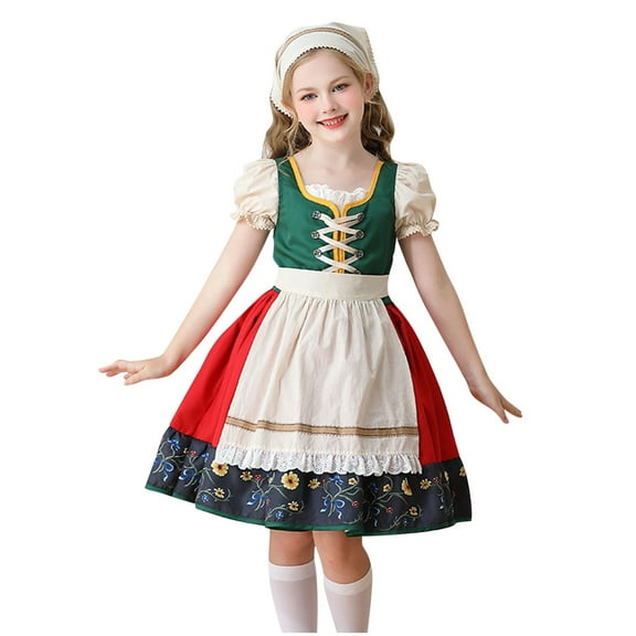 Favoffer Beer Festival Girl's Short Sleeve Floral Hem Dress Casaul Printed A-line Sundress for Party, Theme Day, Big Kids 5-12Y