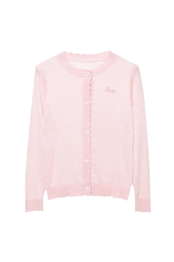 Big Girl's Crewneck Lightweight Button-up Cardigan Cotton Knit Sweater Casual Cute Outerwear, 4-16Y