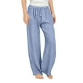 thumbnail image 1 of Favoffer Big Girls Long Pants Spring Summer Solid Color Linen Blend Elastic Waist Ruched High Rise Wide Leg Trousers Casual Travel Home Lounge 4-14Y, 1 of 8