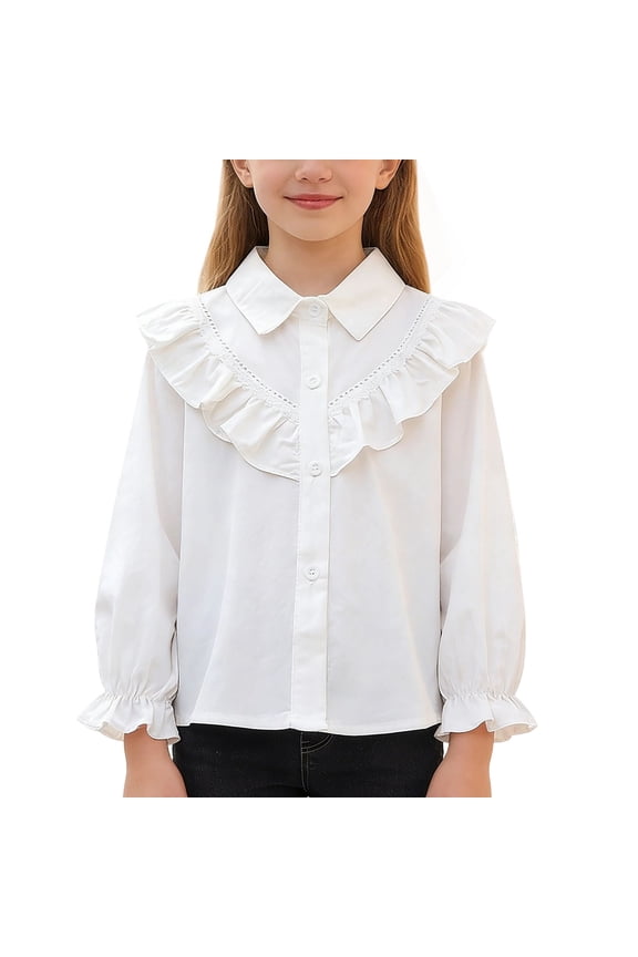 Big Girls Long Sleeve Shirt Spring Summer School Season Lace Ruffle Collar Soft Breathable Casual Top Basic Tee Daily School Play Outdoor Sizes 3-14Y