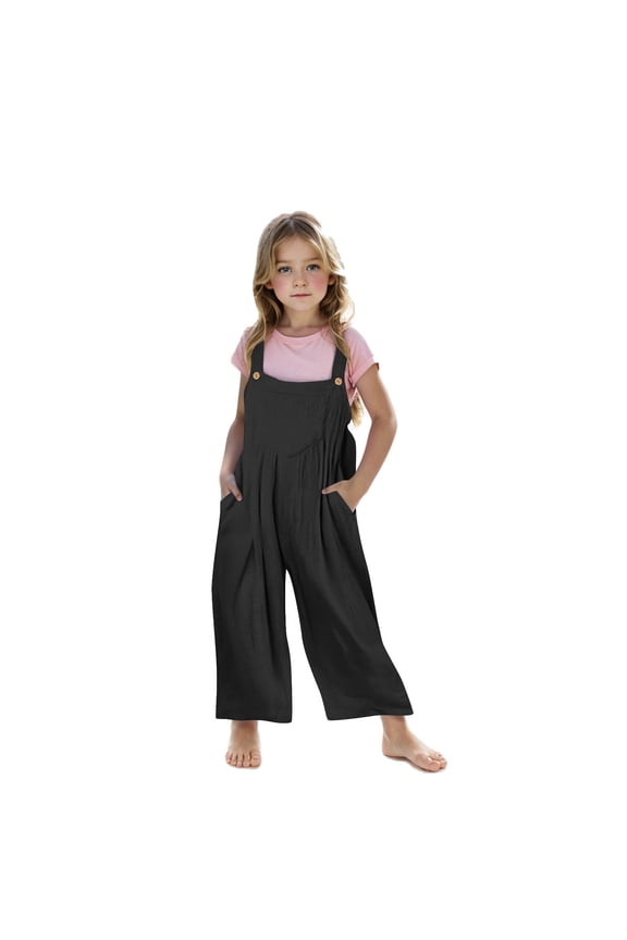 Big Girls Overall Jumpsuit Summer Solid Color Linen Blend Elastic Waist Sleeveless Wide Leg Rompers Daily Outdoor Party Campus 4-14Y