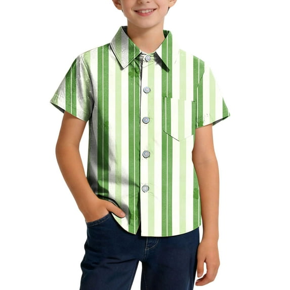 Favoffer Big Kid Boys Girls Button-Up Shirt Spring Summer St. Patrick's Day Print Pocket Breathable Collared School Uniform Top for School Daily Home Holiday Sizes 2-15Y