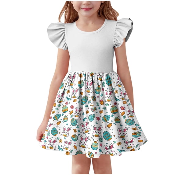 Favoffer Big Kid Girls Dress Spring Summer Easter Print Flutter Sleeve Crewneck Waist Casual Dress Cute Fashion Outfit Daily Home Outdoor Vacation Sizes 3-14Y