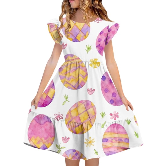 Favoffer Big Kid Girls Dress Summer Easter Print Cute Double Layer Ruffle Sleeve Crewneck Casual Fashion Outfit Daily Party Wear Sizes 5-14Y