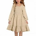 thumbnail image 1 of Favoffer Big Kid Girls Long Sleeve Dress Spring Summer Trumpet Sleeve Ruffle Hem Square Neck Solid Color Swing Gown for Daily Gathering Party Holiday Sizes 4-13Y, 1 of 8