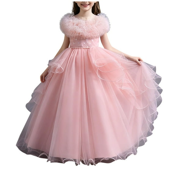 Favoffer Big Kid Girls Pageant Gown Spring Summer Ruffle Embroidery Sleeveless Mesh Fluffy Princess Dress for Banquet Performance Party Holiday Sizes 4-14Y