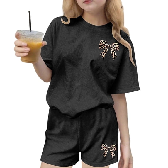 Favoffer Big Kid Girls Set Summer Print Crewneck Short Sleeve Top Elastic Waist Shorts Two Piece Casual Outfit Soft Comfortable Daily Home Outdoor Play Sizes 3-14Y