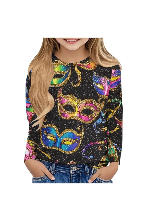 Big Kids Girls Shirt Spring Cute Print Long Sleeve Top Dressy Casual Crew Neck Blouse Soft Basic Tee for Daily Play Park Hangout Sizes 3-14Y