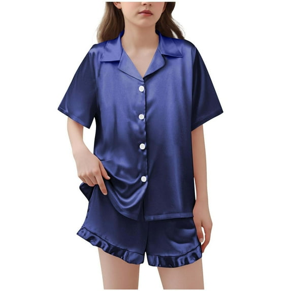 Favoffer Big Kids Solid Color Satin Short Sleeve Lapel Top & Shorts 2 Piece Set Button Down Pajama Set Casual Loungewear Daily Outdoor Vacation Travel Leisure Holiday 5-15Y
