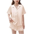 thumbnail image 1 of Favoffer Big Kids Solid Color Satin Short Sleeve Lapel Top & Shorts 2 Piece Set Button Down Pajama Set Casual Loungewear Daily Outdoor Vacation Travel Leisure Holiday 5-15Y, 1 of 6
