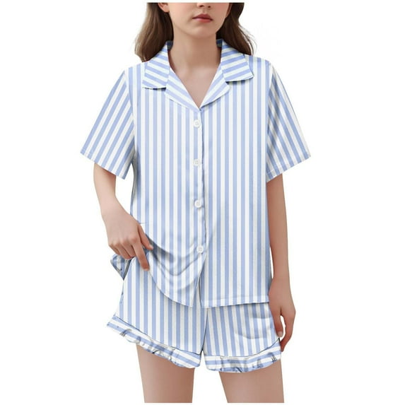 Favoffer Big Kids Stripe Print Satin Short Sleeve Lapel Top & Shorts 2 Piece Set Button Down Sleepwear Casual Loungewear Set Daily Outdoor Vacation Travel Leisure Holiday 5-15Y