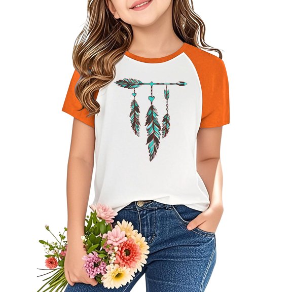Favoffer Boys And Girls Orange Festival Short Sleeve Shirts Western Aztec Print Fit Tops Fall Casual Fashion Round Neck Blouses 3-14Y
