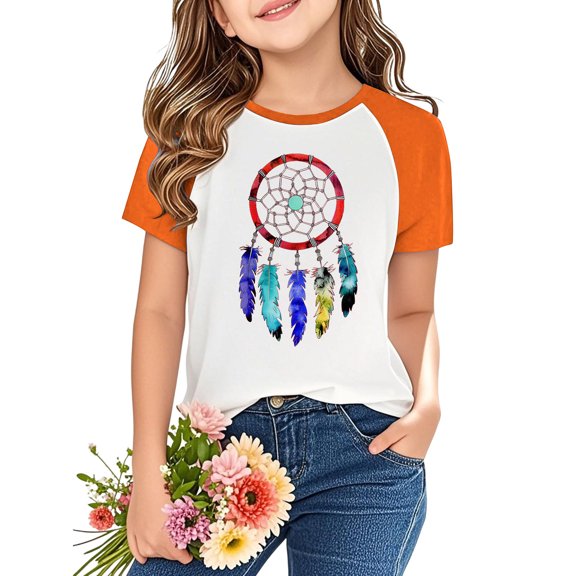 Favoffer Boys And Girls Orange Festival Short Sleeve Shirts Western Aztec Print Fit Tops Fall Casual Fashion Round Neck Blouses 3-14Y