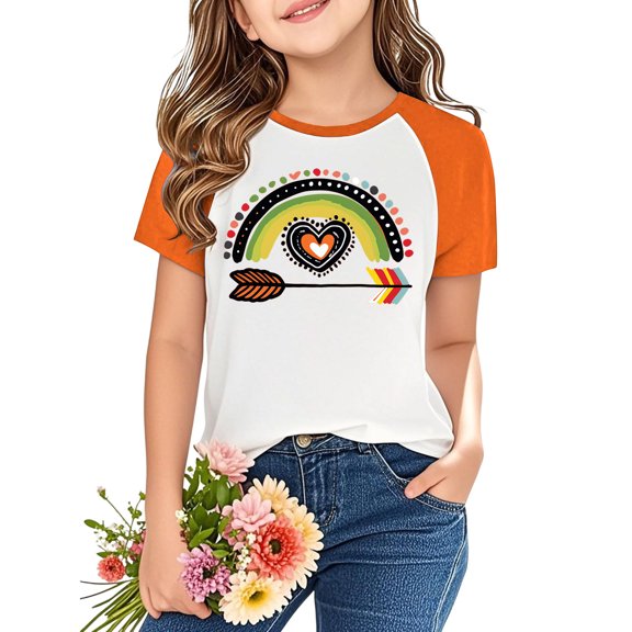 Favoffer Boys And Girls Orange Festival Short Sleeve Shirts Western Aztec Print Fit Tops Fall Casual Fashion Round Neck Blouses 3-14Y