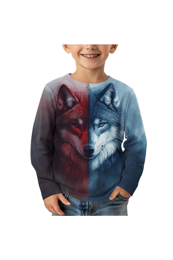 Boys' Fall Cool Wolf Graphic Long-Sleeve Round Neck Regular Top & Pullover Shirt for Casual, Play, Photoshoot, Gifting 3-14Y