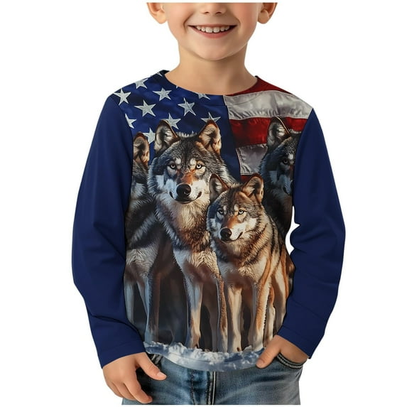 Favoffer Boys' Fall Cool Wolf Graphic Long-Sleeve Round Neck Regular Top & Pullover Shirt for Casual, Play, Photoshoot, Gifting 3-14Y