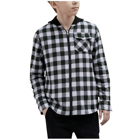 Favoffer Boys Flannel Shirts Plaid Hooded Button Down Long Sleeve Shirt Fall Winter Clothes Lightweight Shacket Jacket Home Play Outdoor Travle Toddler Big Kid 4-15Y