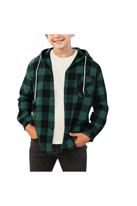 Boys Flannel Shirts Plaid Hooded Button Down Long Sleeve Shirt Fall Winter Clothes Lightweight Shacket Jacket Home Play Outdoor Travle Toddler Big Kid 4-15Y