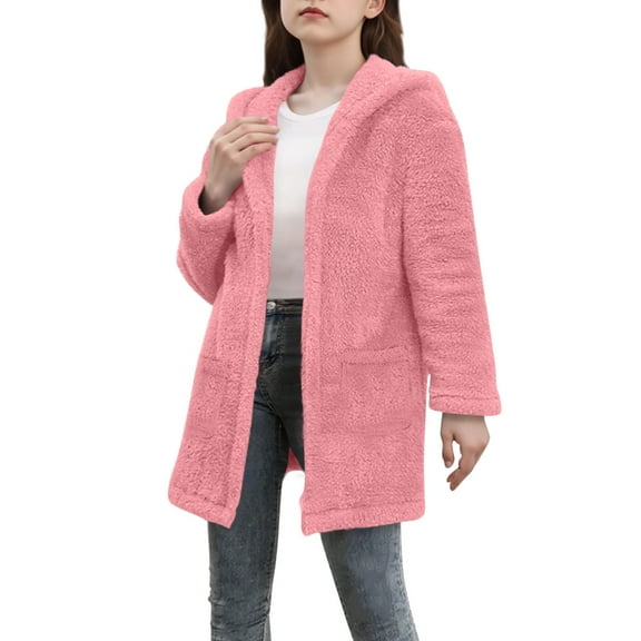 Favoffer Boys Girls Fleece Hooded Cardigan Pocketed Winter Warm Open Front Solid Color Long Sleeve Jacket for Home Travel Birthday Party Teen 5-15Y