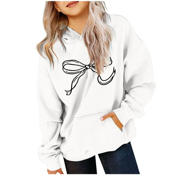 Favoffer Boys Girls Hooded Long-Sleeve Pocket Sweatshirt Christmas Oversized Bow Trim Print Hoodies Embroidered Pink Bow Coquette Drop Shoulder Pullover Top 2-14Y