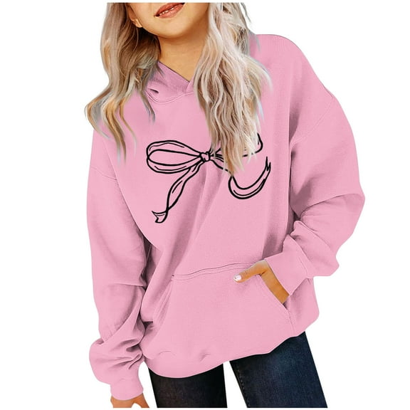 Favoffer Boys Girls Hooded Long-Sleeve Pocket Sweatshirt Christmas Oversized Bow Trim Print Hoodies Embroidered Pink Bow Coquette Drop Shoulder Pullover Top 2-14Y