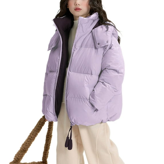 Favoffer Boys Girls Hooded Puffer Jacket Winter Fall Solid Color Long Sleeved Stand Collar Thickened Warm Cotton Coat for Daily Outdoor Play Trips Big Kids Teen 5-15Y