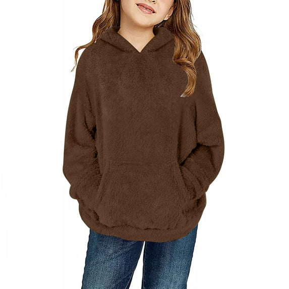 Favoffer Boys Girls Hooded Sweatshirt with Pocket Winter Fleece Warm Long Sleeve Solid Color Pullover for Daily Outdoor Play Home Casual Toddler Teen 5-14Y