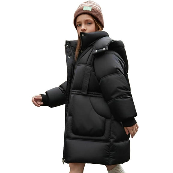 Favoffer Boys Girls Hooded Zipper Jacket Winter Solid Color Mid Length Cold Proof Windproof Coat for Daily, Travel, Holiday Parties, Outdoor Play Teen 7-15Y