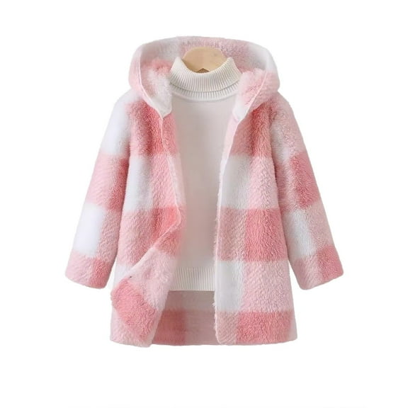 Favoffer Boys Girls Plaid Hooded Fleece Coat Fall Winter Double-Sided Fuzzy Long Sleeve Outerwear for Daily Playdates Family Photos Toddler 2-8Y