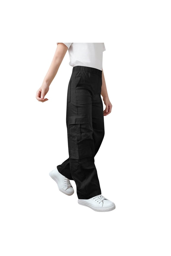 Boys Girls Straight-Leg Cargo Pants Unisex Kids' Solid Color - Elastic Waist Pocketed Casual Pants for School, Daily Errands, Family Trips, Holiday Gatherings (4-15Y)