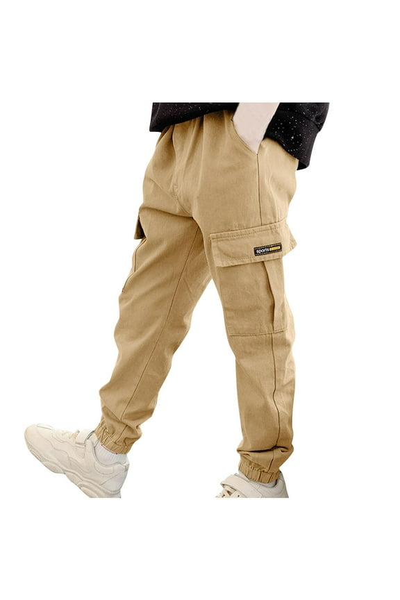 Boys' Summer Solid Trendy Cargo Pants - Multi-Pocket Cuffed Hem Breathable, Casual Travel Camping Outdoor, 8-14Y