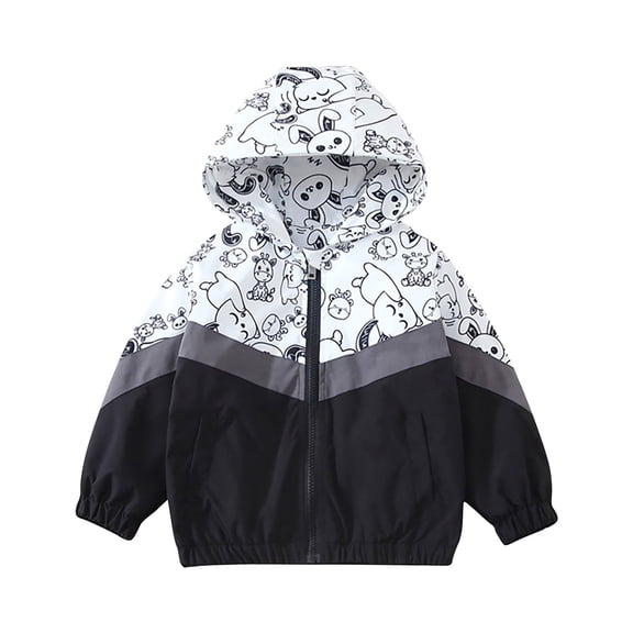 Favoffer Boys' Winter Hooded Jacket Print Color-Block Zip-Up Casual Outerwear Long Sleeve Windproof Outwear for Daily Activities Park Walks Baby Toddler 1-11Y
