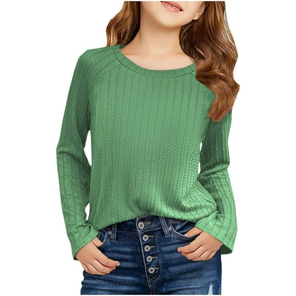 Favoffer Children's Shirt Long Sleeved T-shirt Solid Round Neck Solid Top Suitable For Girls Aged Top