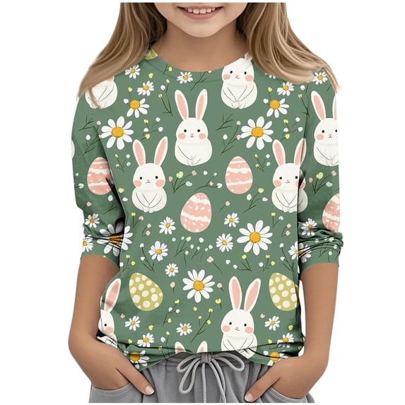 Favoffer Easter Girls Bow/Flower Graphic Fashion Tee 3/4 Sleeve Cute Round Neck Regular Fit Top for Easter Egg Hunt, Casual Play, Spring Photo Gift 3-13Y