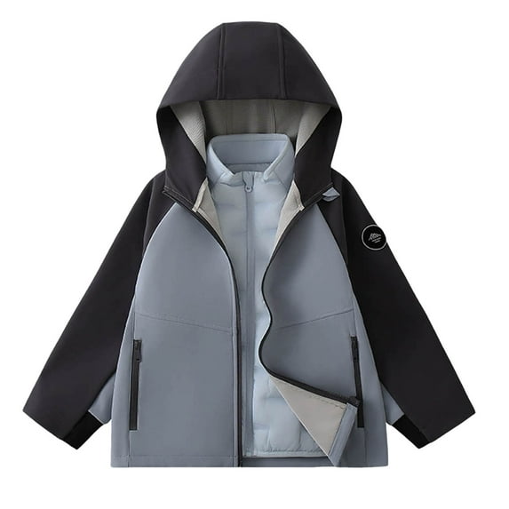 Favoffer Fall Unisex Kids' Color Block Hooded Jacket 3-in-1 Outdoor Coat, Casual Sports Fleece Lining Waterproof Windproof for Hiking Cycling Teen 3-15Y