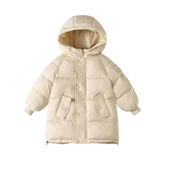 Favoffer Fall Winter Boys Girls Padded Jacket Hooded Long Sleeve Mid-Length Water-Resistant Warm Solid Color Coat Daily Snow Play Travel 3-11Y
