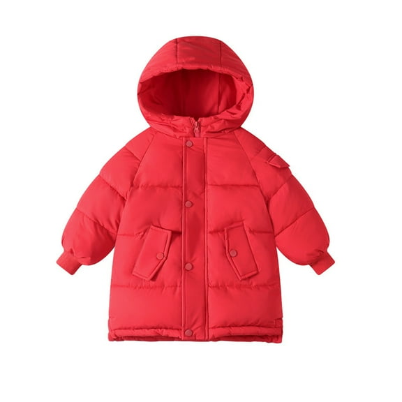 Favoffer Fall Winter Boys Girls Padded Jacket Hooded Long Sleeve Mid-Length Water-Resistant Warm Solid Color Coat Daily Snow Play Travel 3-11Y