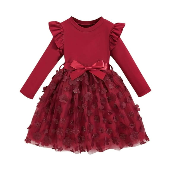 Favoffer Fall/Winter Girl's 3D Flower Mesh Dress Fly Sleeve Belted Long-Sleeve Dress for Daily, Party, Kids 3-10Y