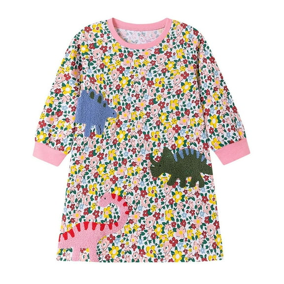 Favoffer Fall/Winter Girl's Dinosaur Flower Graphic Square Neck Long-Sleeve Dress for Daily Party Home Travel Kids 2-8Y