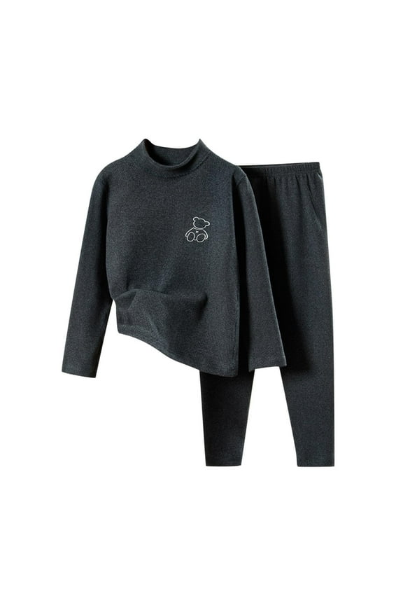 Fall Winter Thermal Underwear Kids' Bear Graphic Thermal 2PC Set Crewneck Top Elastic Waist Pants Toddler Base Layer Boy Girl 1-14Y