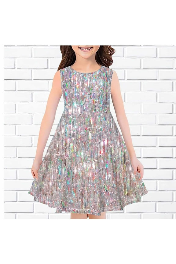 Girl Dresses Fashion Girls Summer New Sleeveless Round Neck Sequin Printed Dress