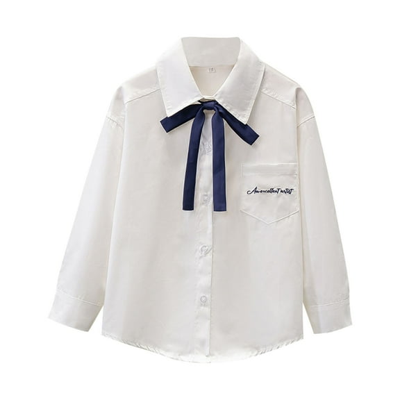 Favoffer Girl's Bow Shirt Round Neck Loose Fit Long-Sleeve Uniform Top with Pockets for Casual Party Daily Travel Big Kids 4-15Y