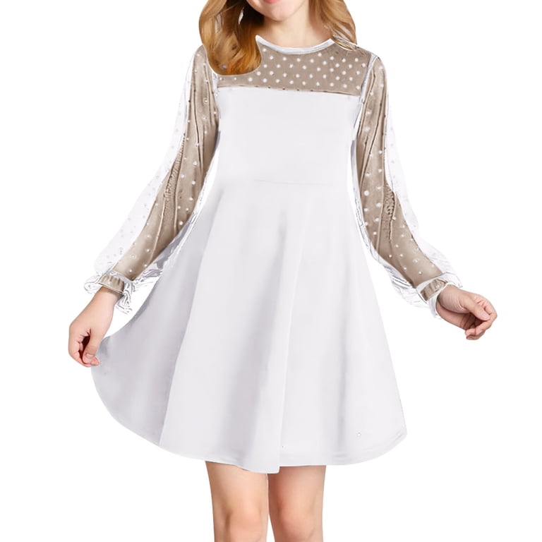 Favoffer Girl's Contrast Mesh Puff Long Sleeve High Waist A Line Short Dress with Pockets for Party Dance Graduation Big Kids 5-16y