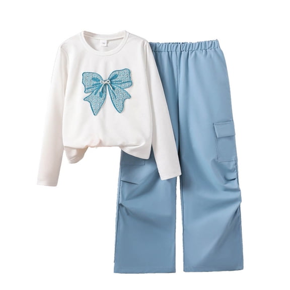 Favoffer Girls 2-Piece Set Embroidered Sequin Bow Long Sleeve Top   Cargo Pants Children's Fall Fashion Clothes Play Party Teen Big Kid 8-13Y