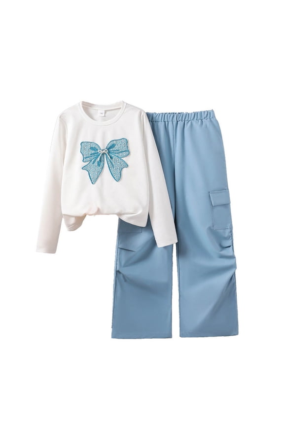 Girls 2-Piece Set Embroidered Sequin Bow Long Sleeve Top + Cargo Pants Children's Fall Fashion Clothes Play Party Teen Big Kid 8-13Y